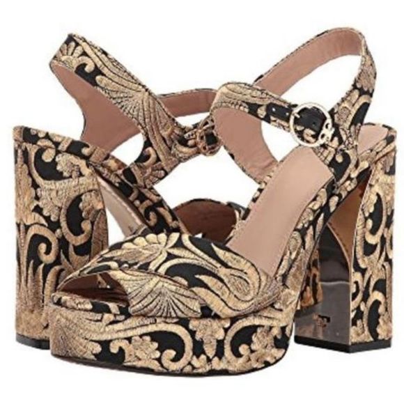 Tory Burch Black and Gold Loretta Wedge Velvet Sandal Platform Heels Shoes - Picture 1 of 4